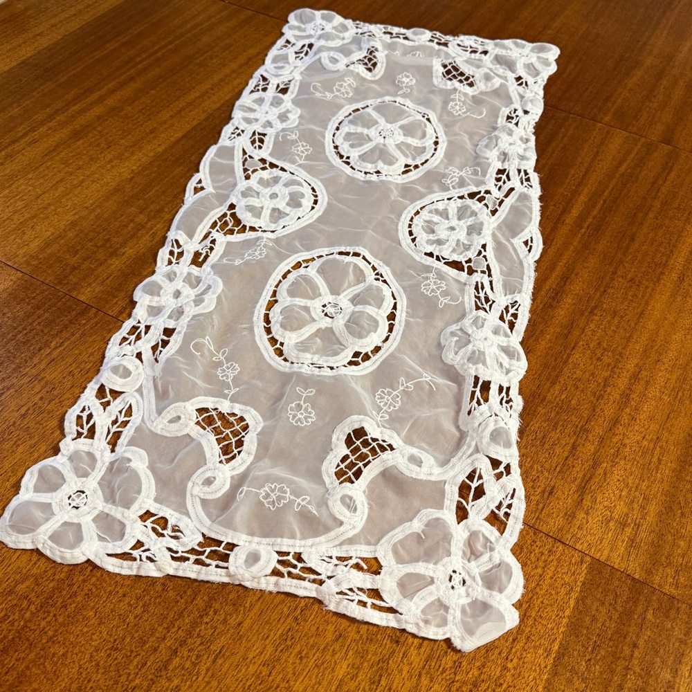 Vintage White Embroidered Lace Table or Dresser Runner Scalloped Edges